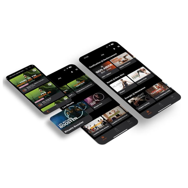L'application mobile JOY by L'Appart Fitness, montrant diverses vidéos de fitness et bien-être sur smartphone. Différentes catégories comme : Tonification, Renforcement, Santé, Bien-être etc..